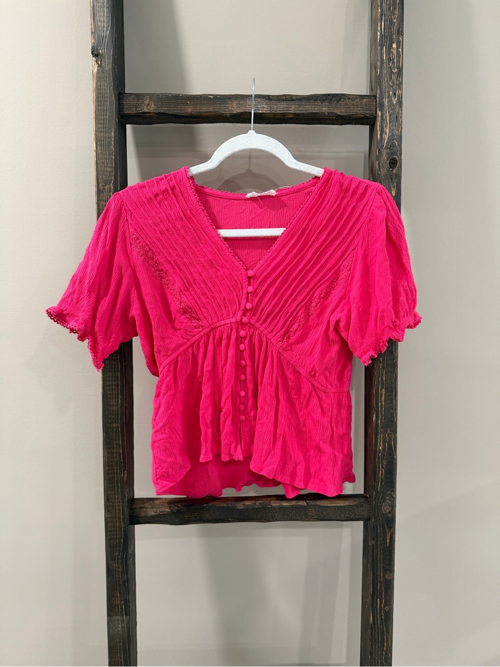 In Loom Pink Blouse With Lace Trim & Button-Up Front